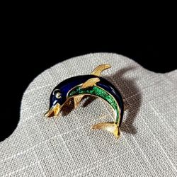 Gold Tone Dolphin Brooch With Blue And Green Colour Splashes And GOLD Stones