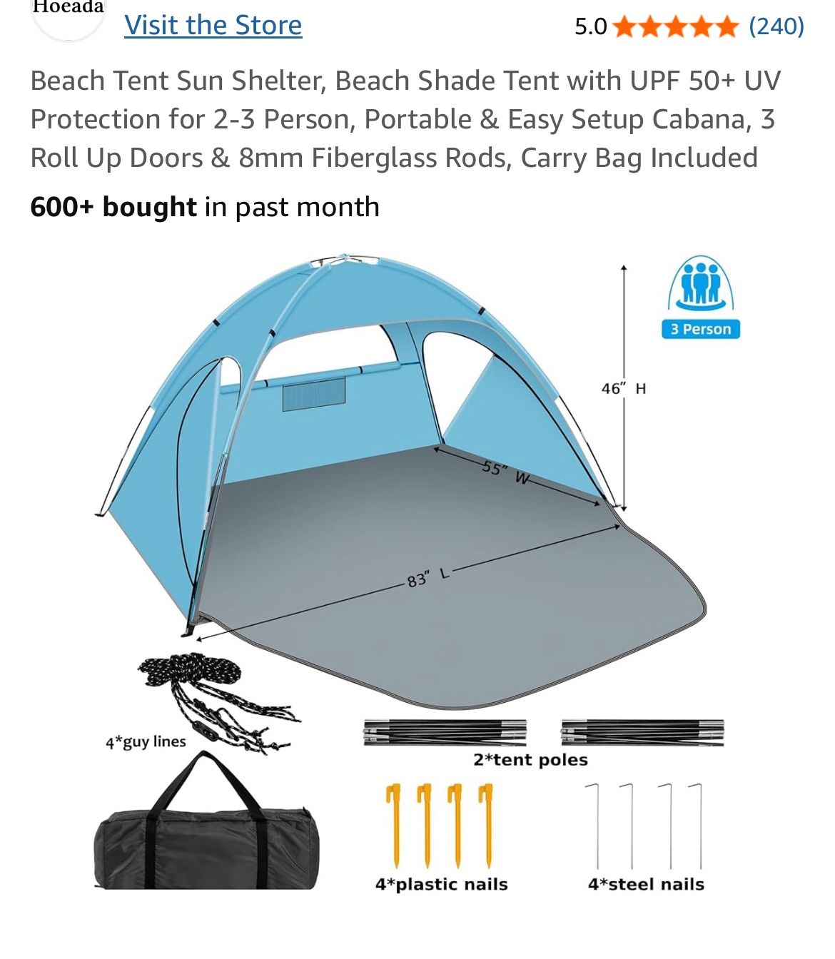 Beach Tent Sun Shelter, Beach Shade Tent with UPF 50+ UV Protection for 2-3 Person, Portable & Easy Setup Cabana, 3 Roll Up Doors & 8mm Fiberglass Rod