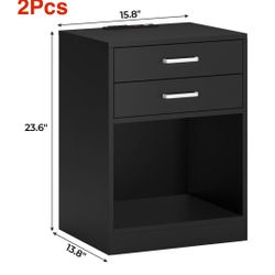 🥨Set of 2 Black Nightstands  with Charging Station & 2 Drawers, end table, side table for Bedrooms