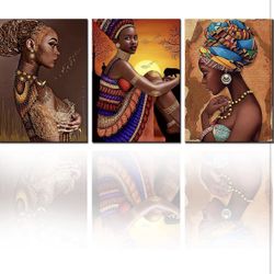 African Women Portrait Canvas Wall Art for Living Room Decor 3 Pieces Colorful Weird African Girl Oil Paintings Brown Kitchen Wall Decor Artwork Home 