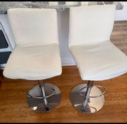 Set of 2 White Upholstered Swivel Bar Stools
