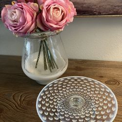 Moon Glass Dessert Stand & Heavy Art Glass Vase Removable Pink Roses Home Decor Excellent Condition