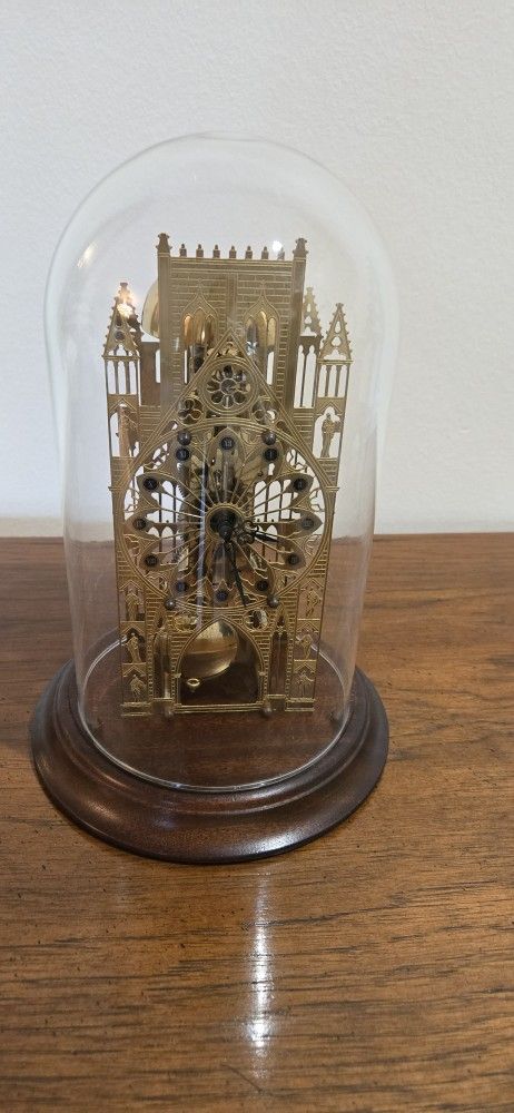 Vintage York Minster Cathedral Skeleton Clock With Glass Dome