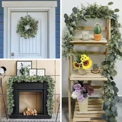 3Pcs / Artificial Eucalyptus Leaves Greenery Garland Faux Plant Spring Vines with White Flowers Berries for Wedding Home Party 