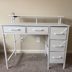 White Desk with Drawers, Power Outlets & LED Light – 39” Modern Desk  $50 OBO