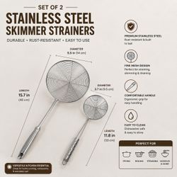 NEW Set of 2 Stainless Steel Skimmer Strainers – Spider Strainers for Frying &