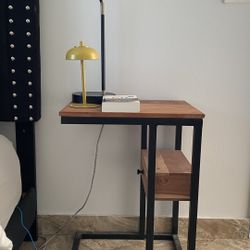 Bedside Table, End/Side Table Solid Wood with Black Metal Frame and Drawer (Set of 2)
