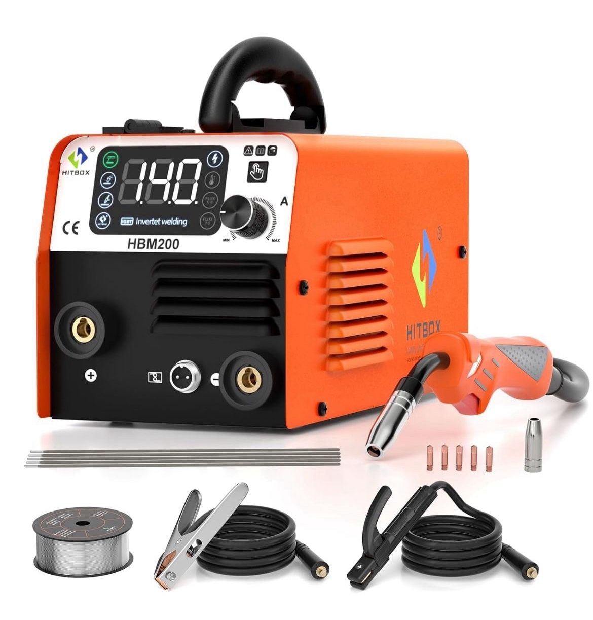 HITBOX MIG Welder 110V 200A Flux Core Welder Gasless MIG/Lift TIG/Stick 3 in 1 Portable Welding Machine Inverter Welder IGBT Wire Feed Welder with LED