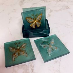 Teal Resin Butterfly Coaster Set with Holder