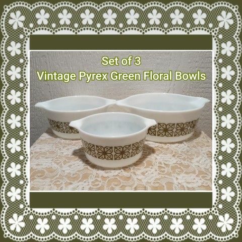 SET OF 3 VINTAGE PYREX #473 #474 #475 GREEN FLORAL CINDERELLA BOWLS