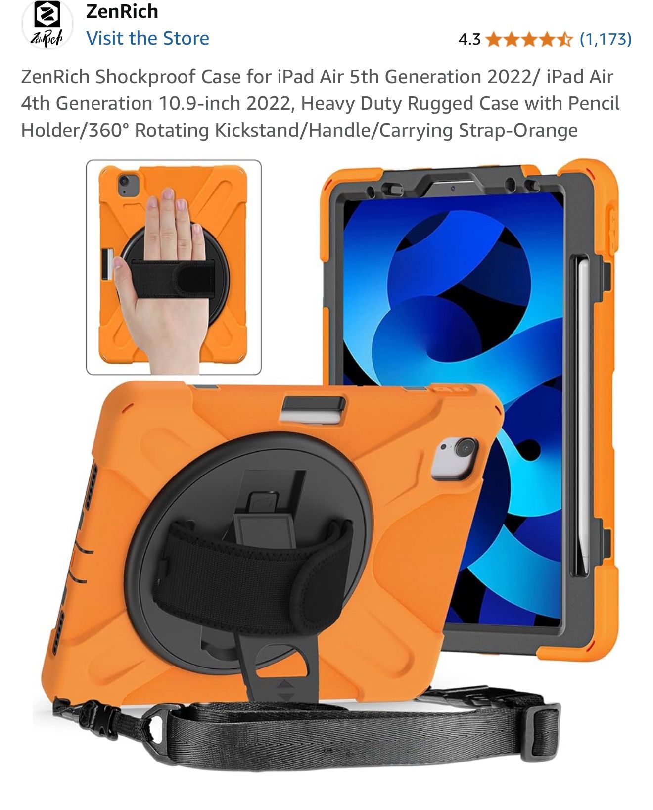 ZenRich Shockproof Case for iPad Air 5th Generation 2022/ iPad Air 4th Generation 10.9-inch 2022, Heavy Duty Rugged Case with Pencil Holder/360° Rotat