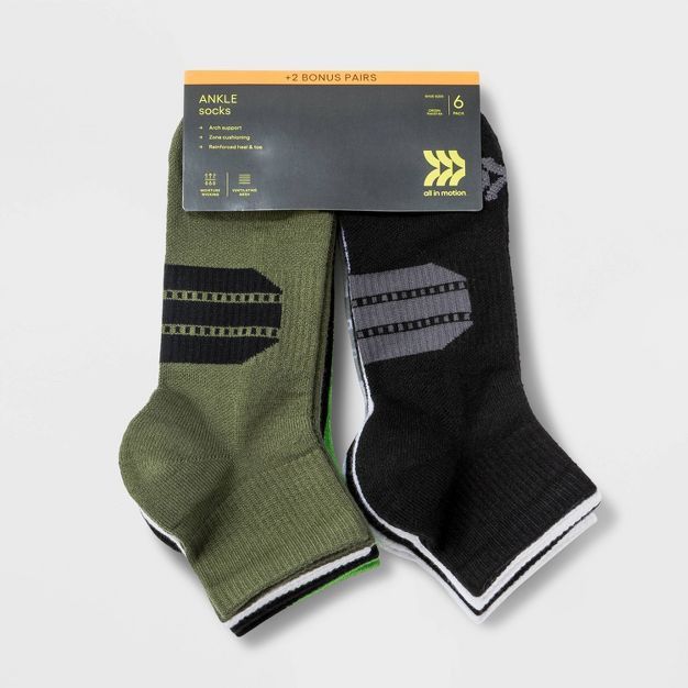 Men's Training Ankle Socks 8pk - All in Motion™ Olive/Green/Black/White 6-12