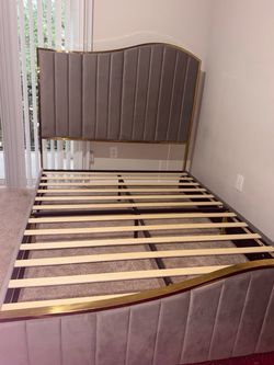 Elegant Gray & Gold Queen Bed Frame.