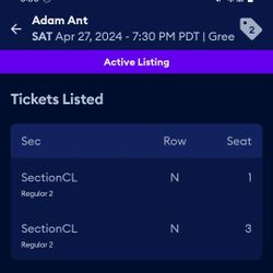 Adam Ant Concert 2 Tickets Greek Theatre Los Angeles Sat.  April 27
