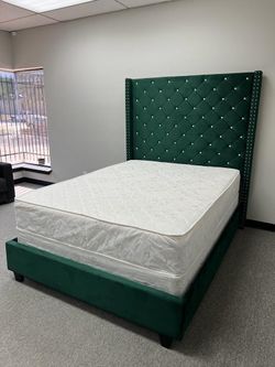 Green Velvet Tufted Wingback Bed Frame