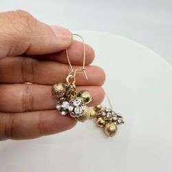 VTG Gold Tone Cluster Dangle Earrings Rhinestone Shimmer Statement