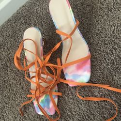 Ladies Toe Heeled Sandals With Strap & Orange Ties 