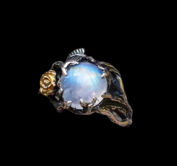 Vintage Moonstone Black Jewelry Gold Flower Silver Ring - Size 7