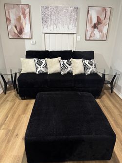 Black Sofa Set with Ottoman & Tables