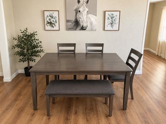Gray Wood Dining Table Set with Chairs and Bench