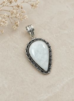 Handcrafted Teardrop Rainbow Moonstone Silver 2” Pendant