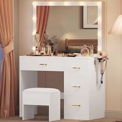 Makeup Vanity 4 Drawers LED Strip 3 Adjustable Light Mode, With Cushioned Chair.