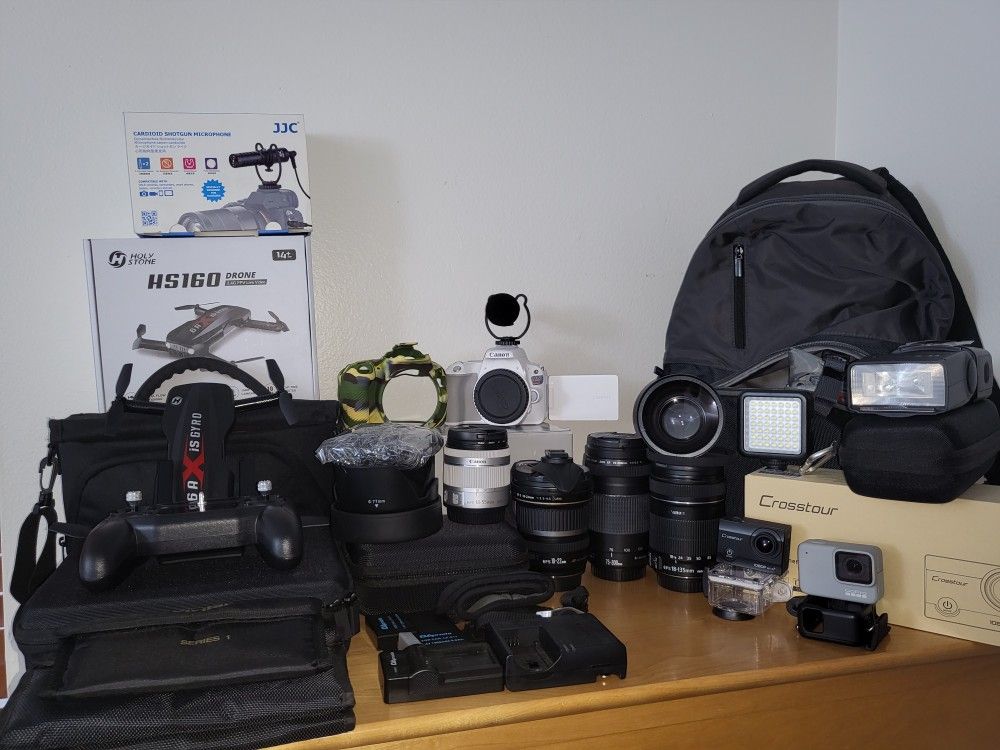 WHITE CANON EOS REBEL Sl2 DSLR CAMERA EXTRA LENS AND MORE.