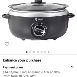 ICOOK USC-65-OP001BK 6.5 Quart Slow Cooker ,Aluminium Sear/Sauté Stew Pot Stovetop safe,Dishwasher Safe,Glass Lid,Adjustable Temp,Food Warmer,Black