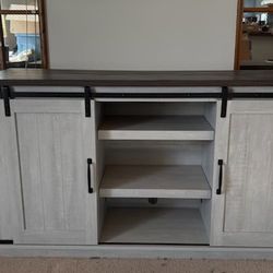 TV cabinet, NEW, Pottery Barn, Updated barn doors, fits 60 inch TV, Plenty of shelves, beautiful hardware, $298
