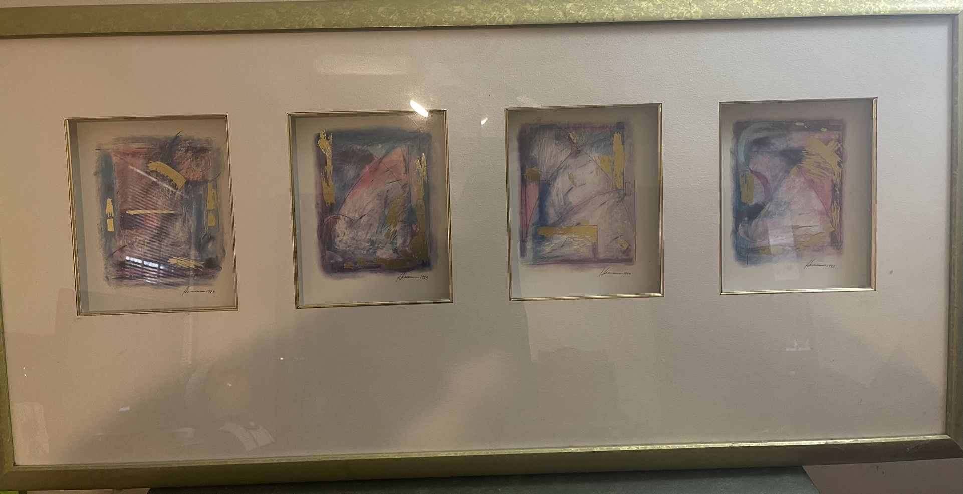 Gorgeous Large Framed Abstract Artwork 4 Pieces by Kathryn Henneman 1993 Shadow Box Style Frame