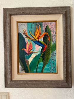 Original Gloria Hoffman Hall Bird of Paradise Painting Framed Tropical Floral Artwork