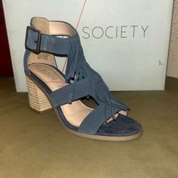 Sole Society Delilah fringe block heel sandals in Vista blue suede
