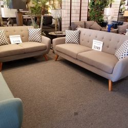 Brand New Tan Linen Midcentury Sofa + Loveseat 2PCs Set