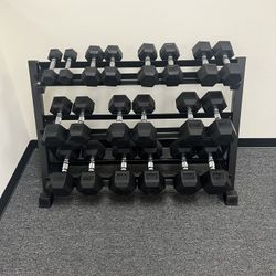(New In Box) 5-50lb Rubber Hex Dumbbells With 3 Tier Dumbbell Rack Weights - Click On Out Profile For More Gym Equipment 