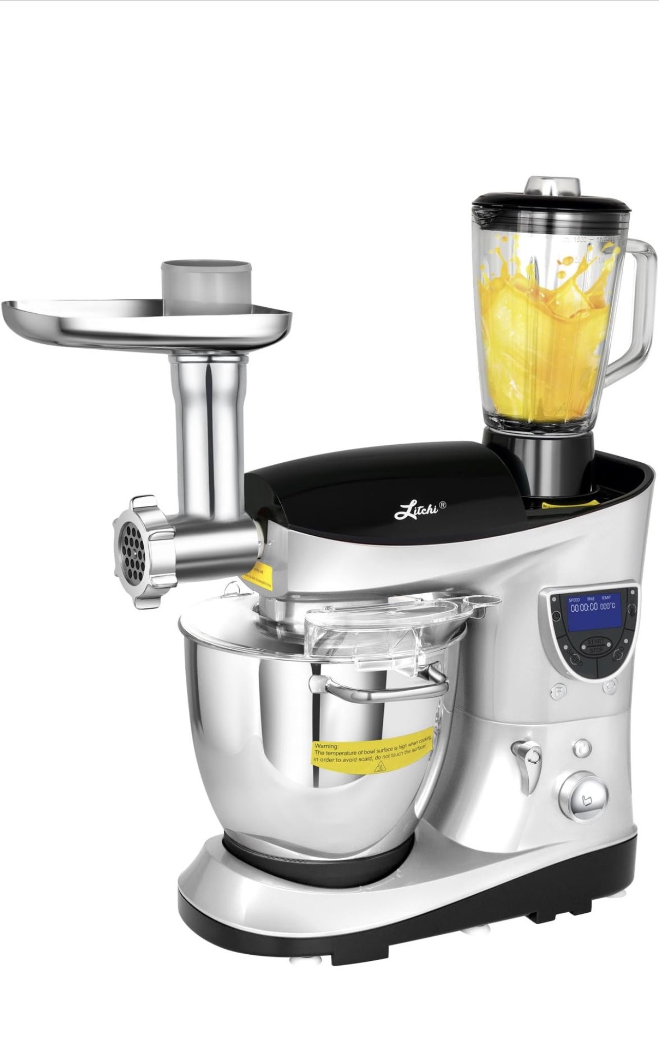 Litchi Cooking & Mixing Stand Mixer 7.4 Quart Multifunctional Kitchen Electric Mixer with Meat Grinder, Blender, Sausage Stuffer, Beaters, Silver