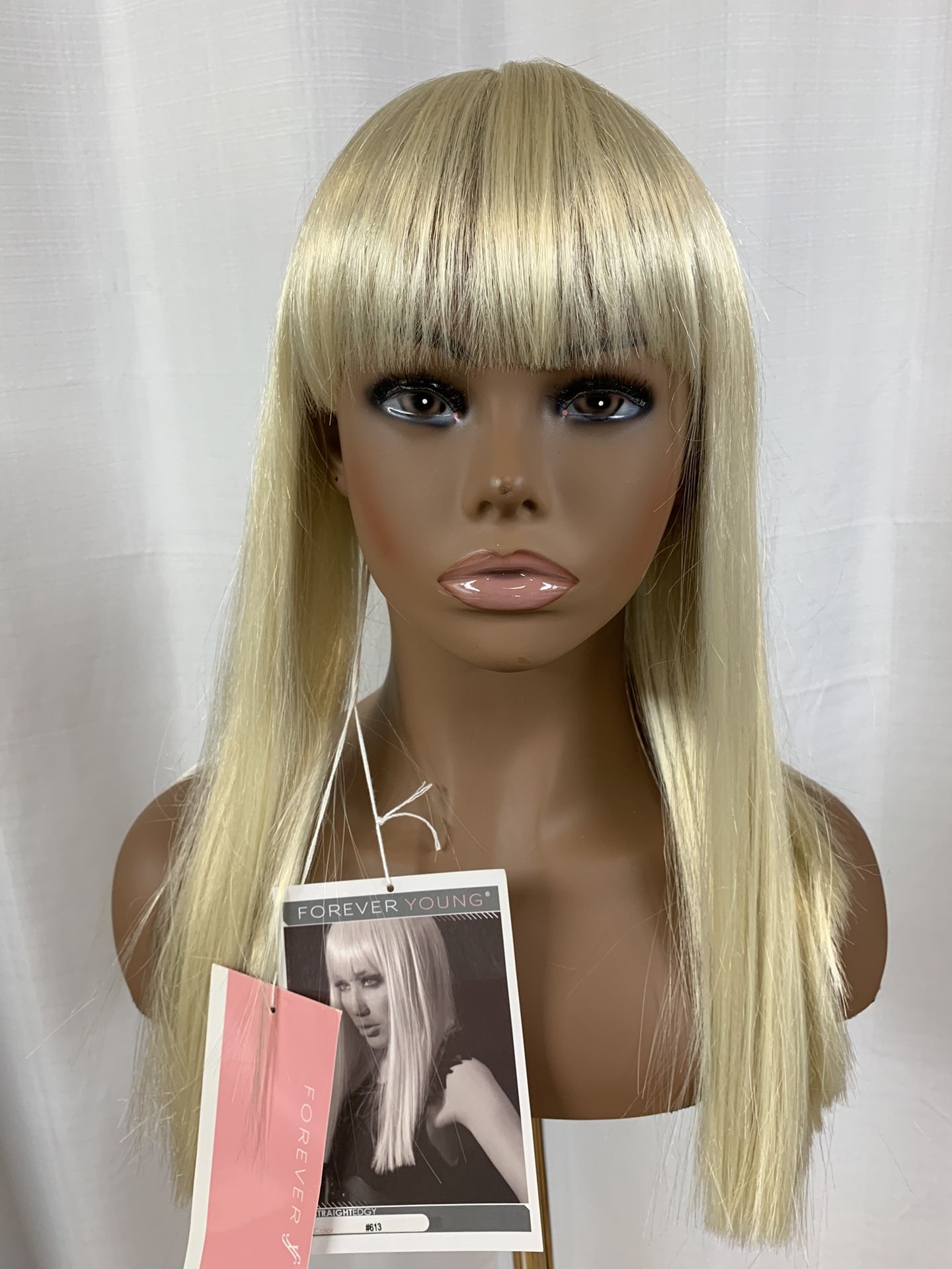 18 Inch Straight And Edgy Ultra Blonde Synthetic Wig With Bangs By Forever Young