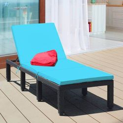 New Costway Patio Rattan Lounge Chair Height Adjustable with Waterproof Turquoise Cushions