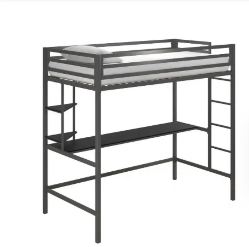 Maxwell Metal Twin Loft Bed with Desk and Shelves, Gray/ Black