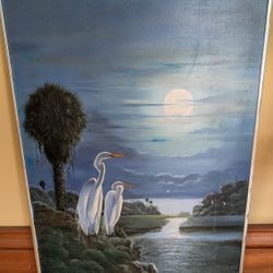 Vintage painting Egrets on waterway in chrome frame 17' x 24" 