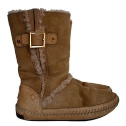 TORY BURCH Tan SUEDE SHEARLING-LINED MID-CALF Moccasin Snow Boots US 7.5