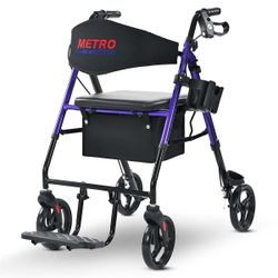 Foldable Rollator Walkers with Seat for Seniors,Lightweight Folding All Terrain Drive Rolling Walker with Chair，Aluminum Walkers with 8 Inch Rubber Wh