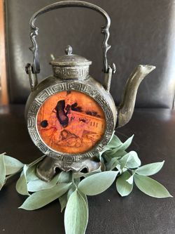 Antique Chinese "Swatow" (Shantou) Pewter Teapot-Eglomise "Reverse Painting"-East Asian Motif-1910s