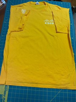 Cisco yellow t-shirt with white Cisco logo,
