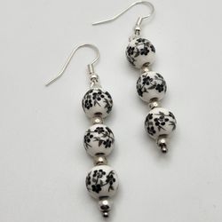 Black Painted Floral Bead Earrings 