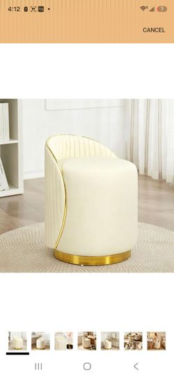 16.9" Round Vanity Stool with Back, 14.5" L x 21.2" H, 360° Swivel Makeup Stool, Leather Ottoman Foot Cushioned, Modern Small Vanity Stools Chair for 