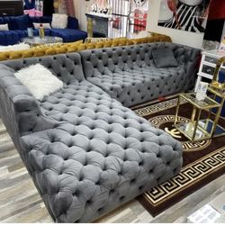 New Grey Velvet Sectional Tufted Gold Legs Free Delivery 