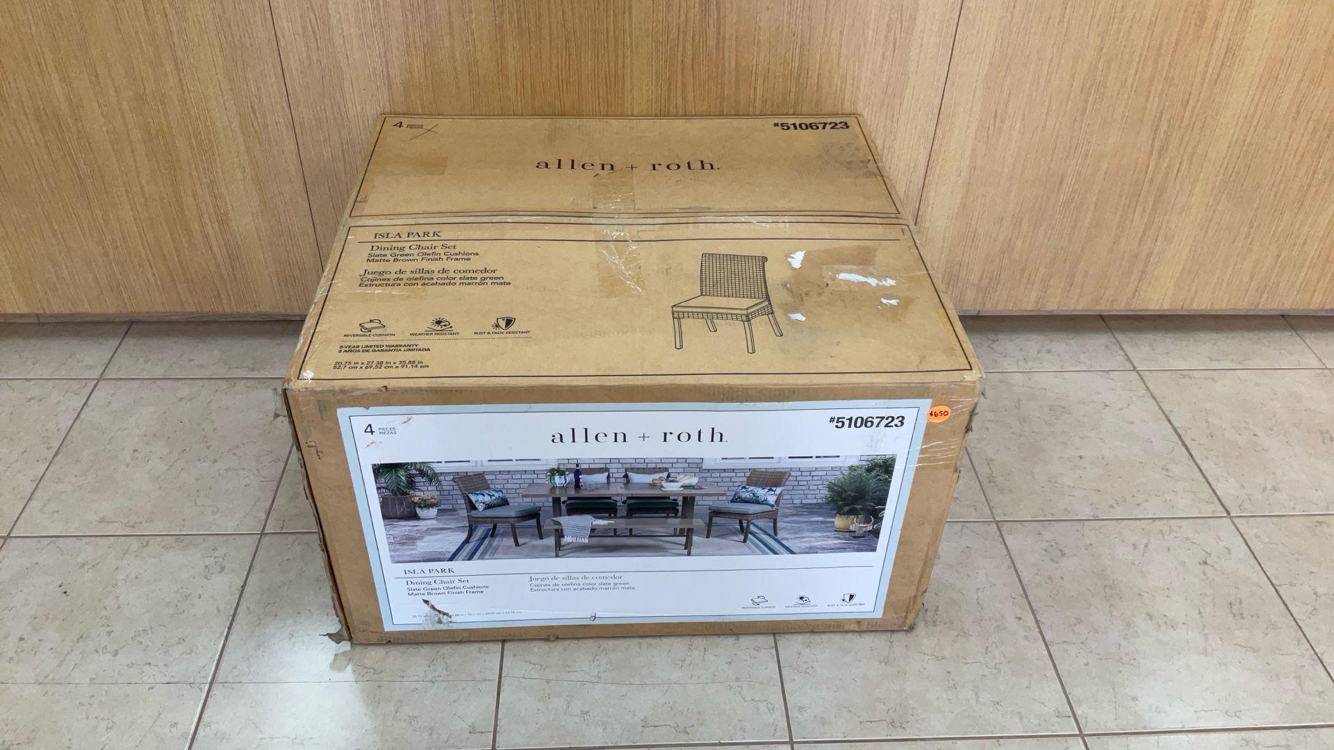 ALLEN+ROTH ISLA PARK DINING CHAIR SET SLATE GREEN OLEFIN CUSHIONS MATTE BROWN FINISH FRAME.