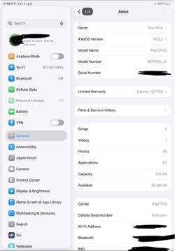 Apple Ipad A16 WiFi + Cellular 128 gb Unlocked 11in. Blue
