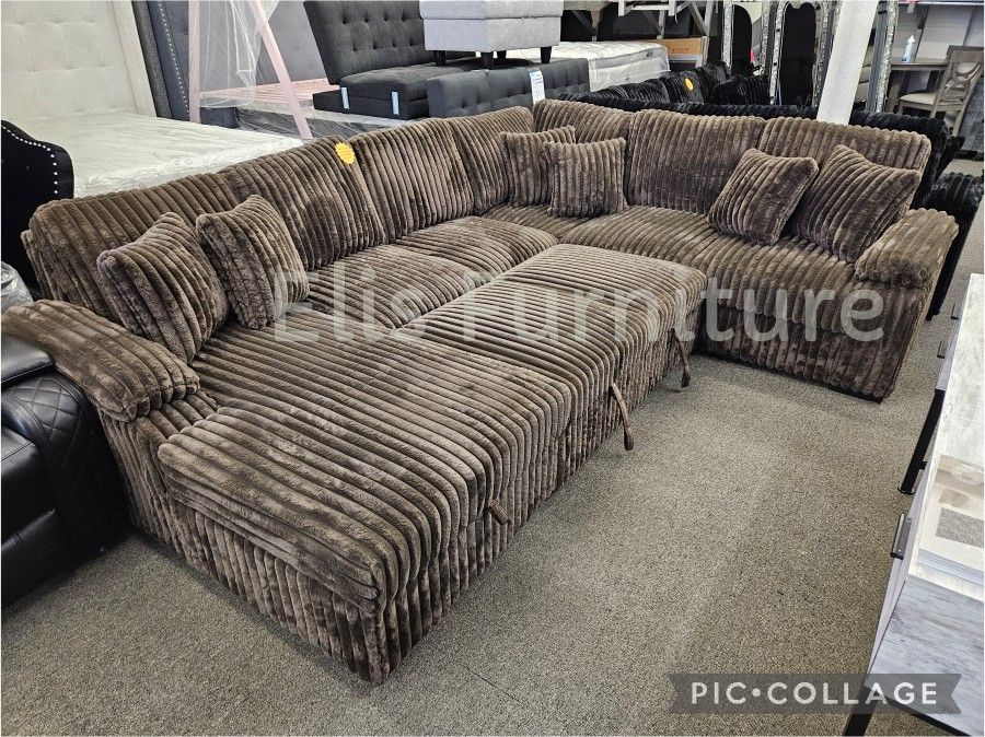 Brand New Sectional Corduroy Fabric With Pull Out Bed & Storage Chaise $1499