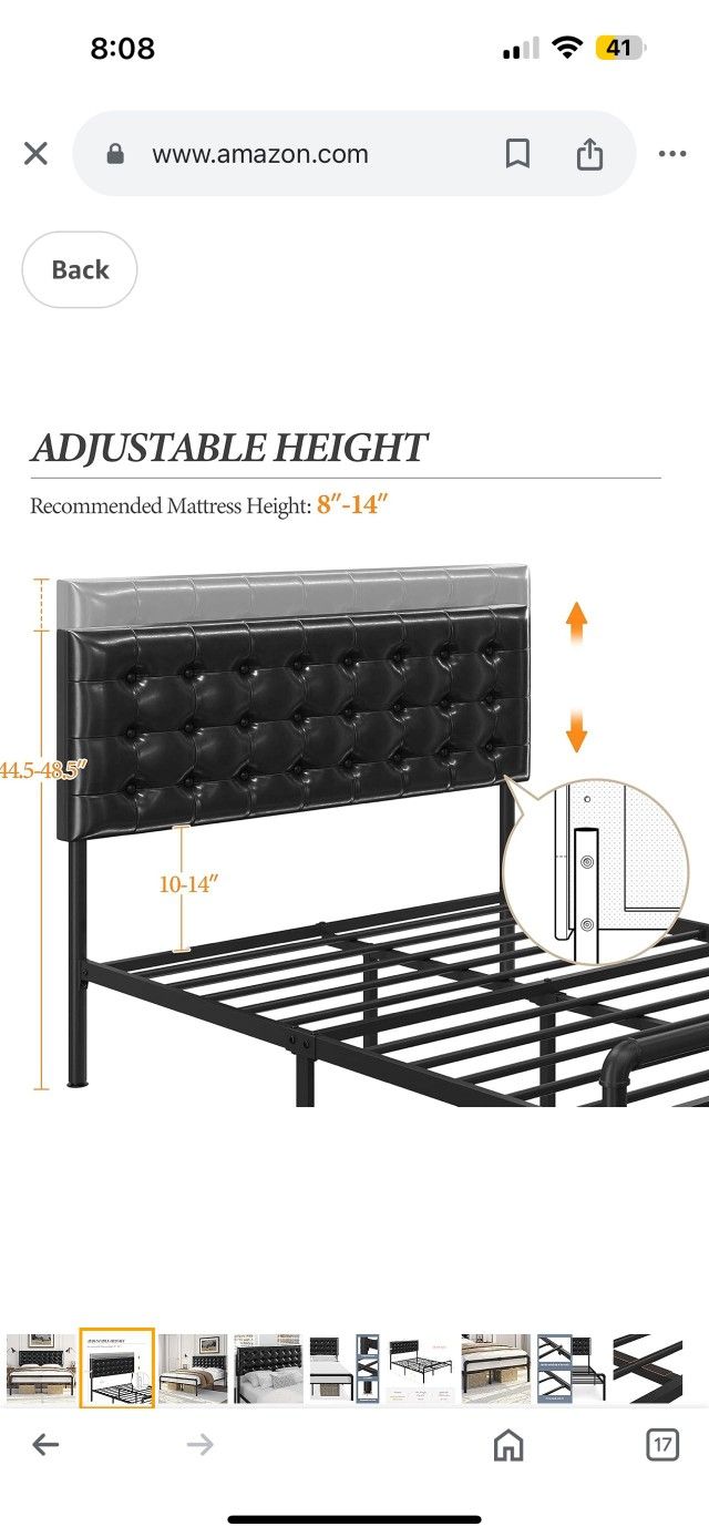 Queen Bed Frame Metal Platform Bed with Faux Leather Height Adjustable Headboard, 12 Inch Underbed Storage/Noise Free/No Box Spring Needed/Industrial